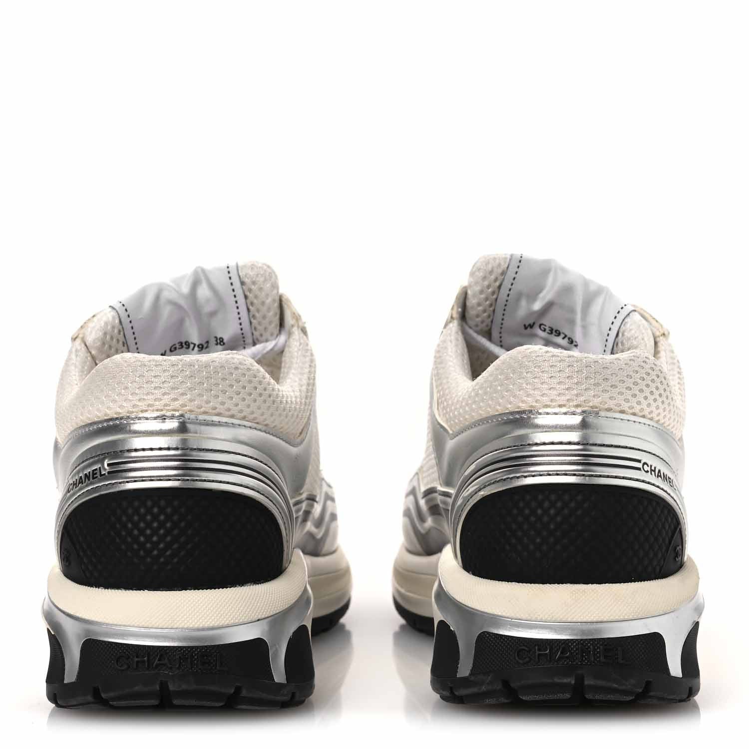 Chanel Fabric Laminated Calfskin Stretch CC Sneakers 38 White Silver 6 of 13