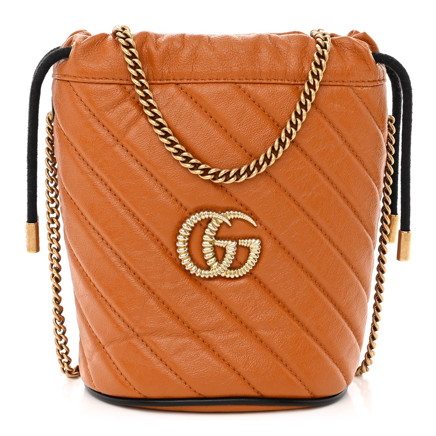 Vintage Effect Calfskin Matelasse Diagonal Mini Torchon GG Marmont 2.0 Bucket Bag Cognac