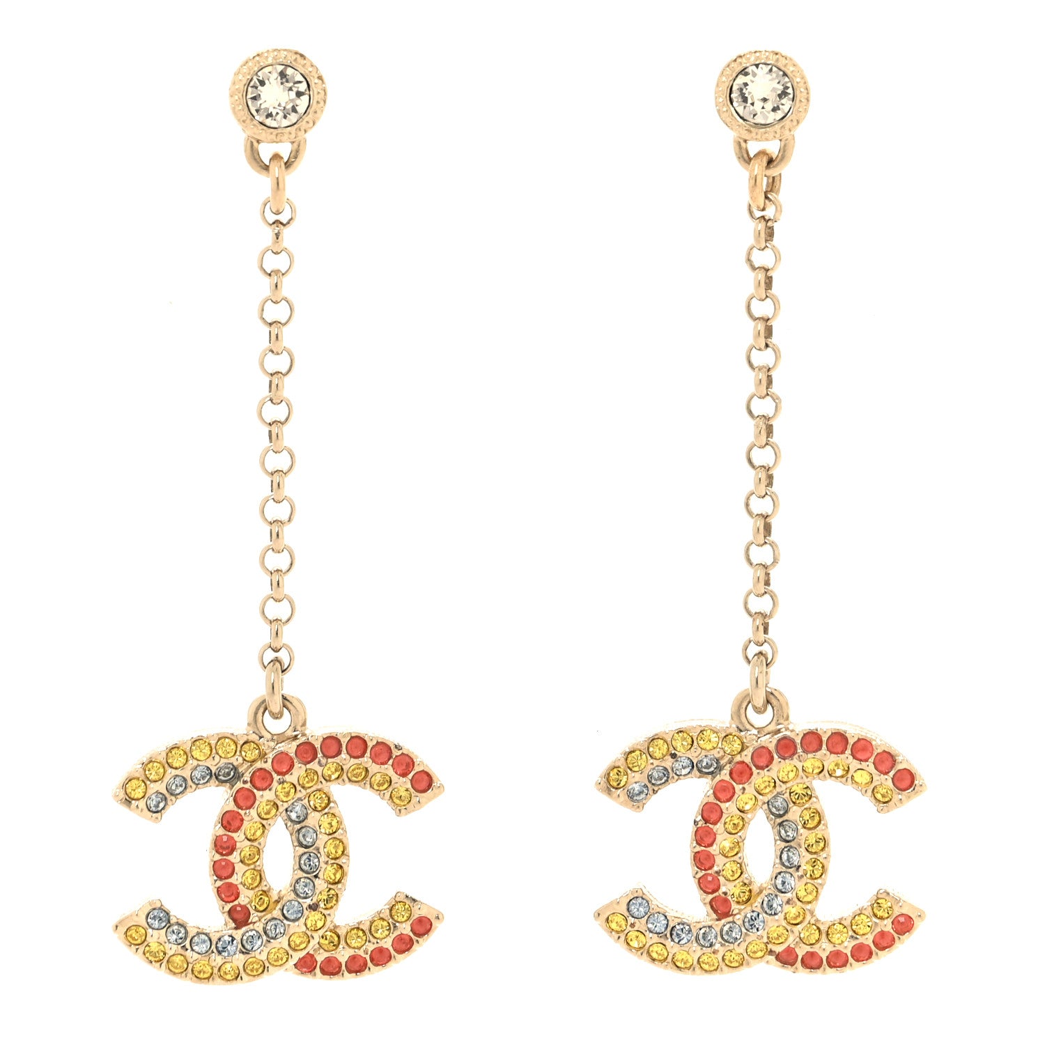 Chanel Crystal CC Drop Earrings Gold Multicolor 1 of 5