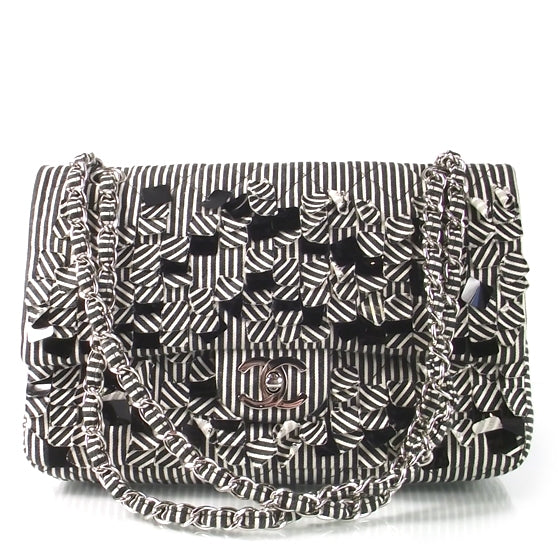 Chanel Canvas Sequin Stripe Medium Double Flap Black White 1 of 9