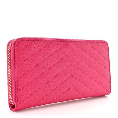 Saint Laurent Grain De Poudre Matelasse Chevron Monogram Zip Around Wallet Fuchsia 3 of 11