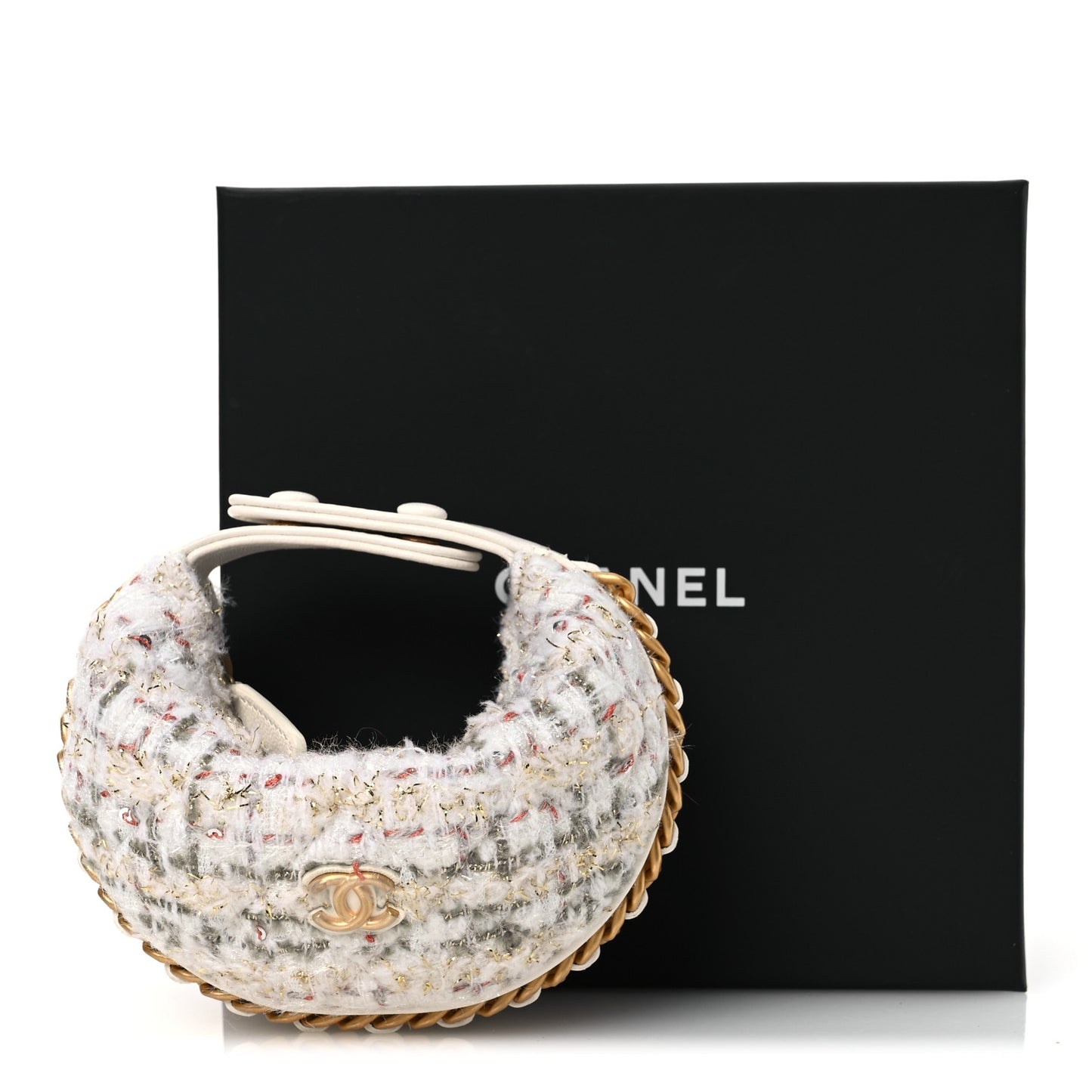 Wool Tweed Quilted Chain Around Mini Pouch Ecru Khaki Gold Red