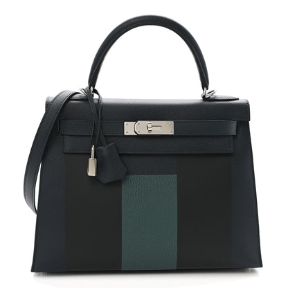 Hermes Epsom Sombrero Taurillon Clemence Kellygraphie Lettre H Kelly Sellier 28 Vert Cypress Bleu Obscur Malachite Bleu Encre 1 of 13