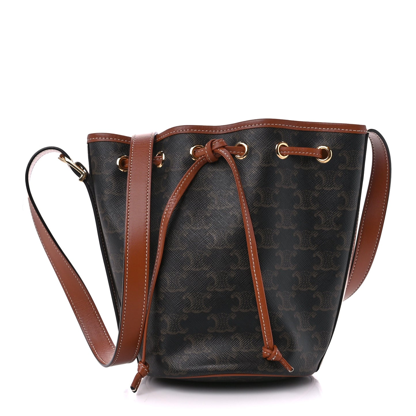 Triomphe Canvas Calfskin Small Drawstring Bucket Bag Tan