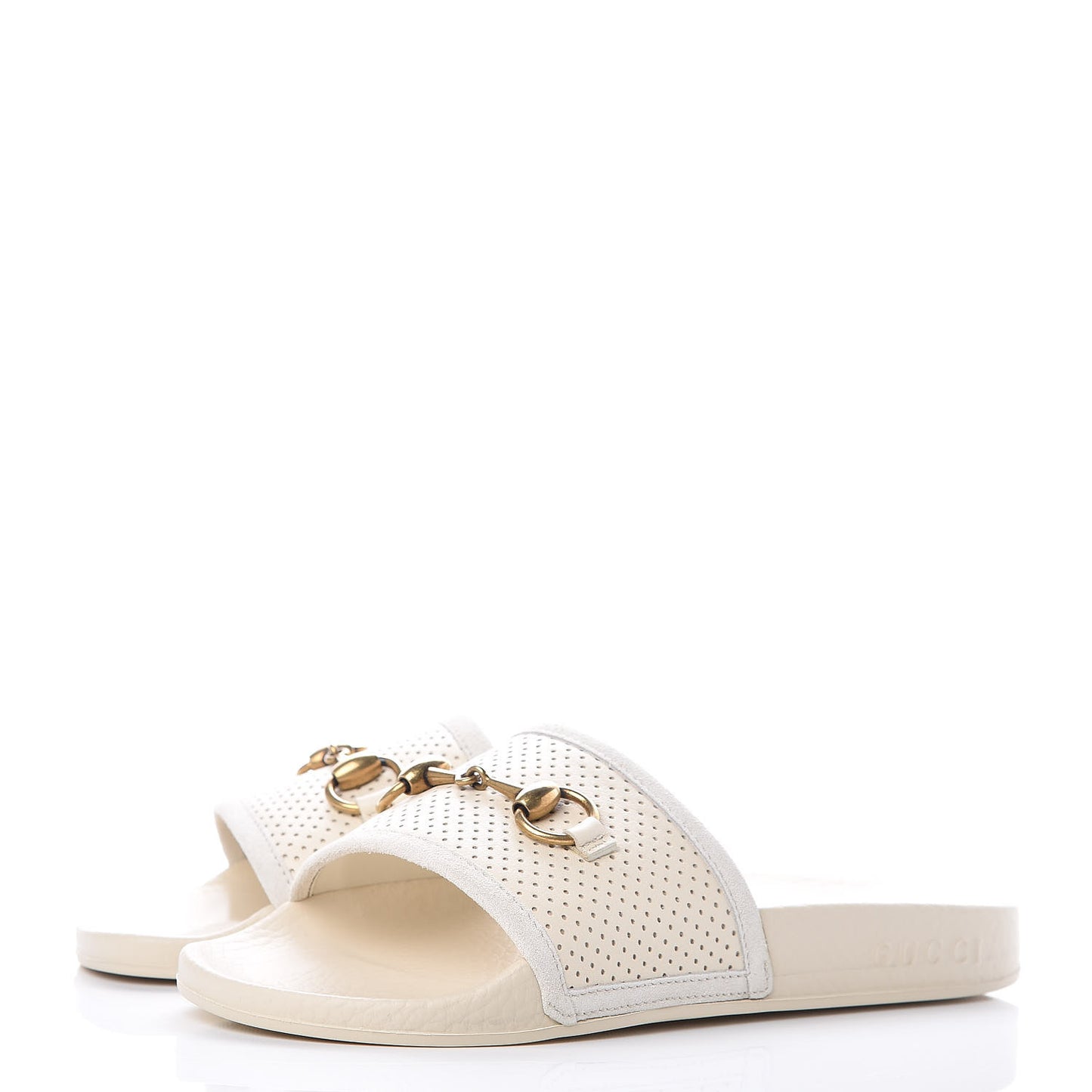 Suede Perforated Horsebit Slide Sandals 36 Ivory