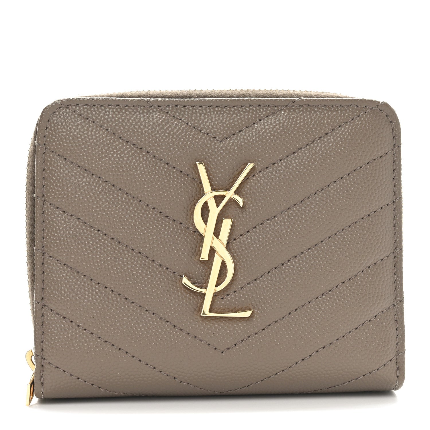 Saint Laurent Grain De Poudre Matelasse Chevron Monogram Compact Zip Around Wallet Dark Latte 1 of 9