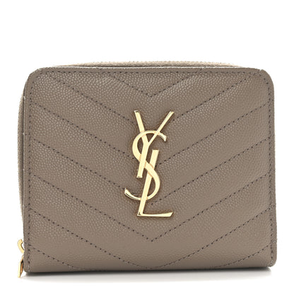 Saint Laurent Grain De Poudre Matelasse Chevron Monogram Compact Zip Around Wallet Dark Latte 1 of 9