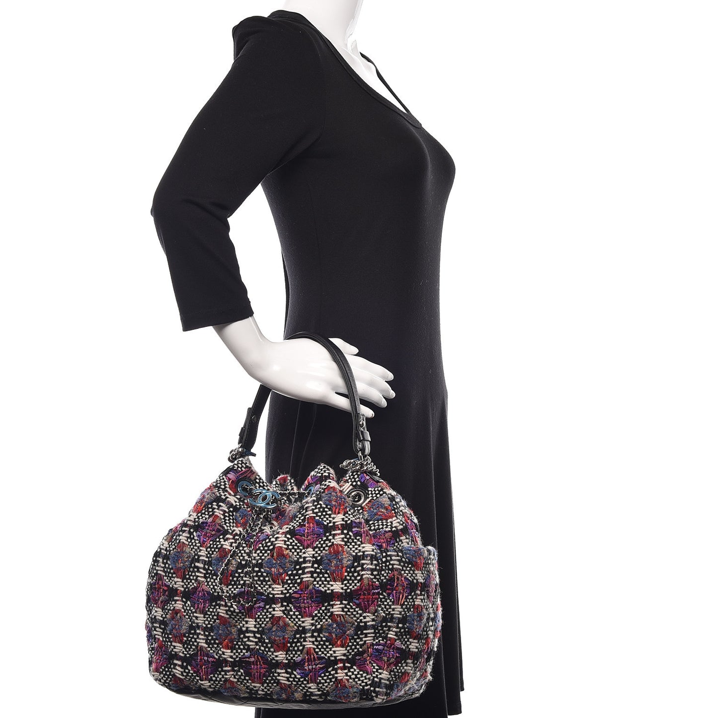 Tweed Calfskin Medium CC Chain Drawstring Tote Black Multicolor
