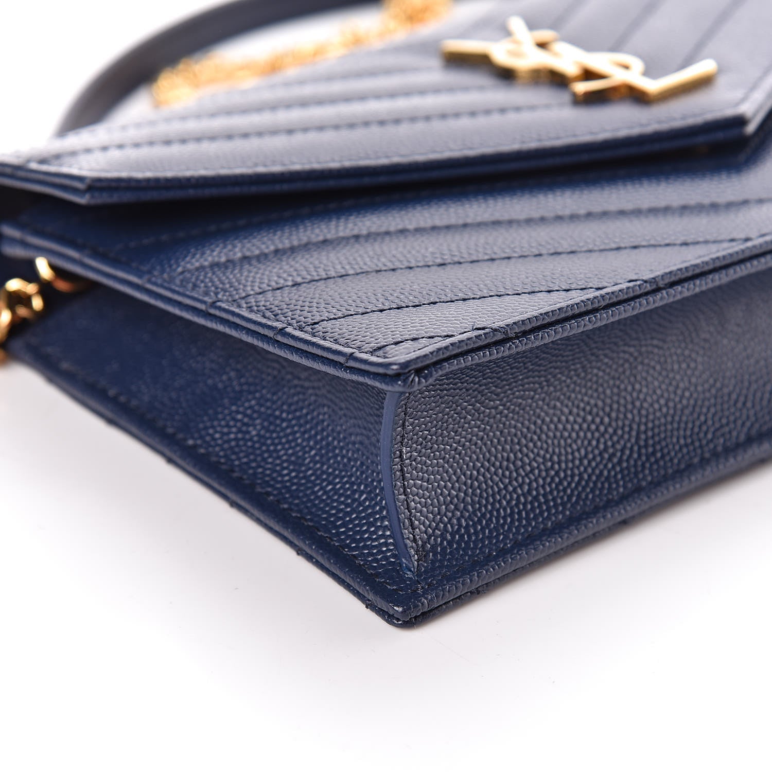 Saint Laurent Grain De Poudre Matelasse Chevron Monogram Envelope Chain Wallet Navy 7 of 10
