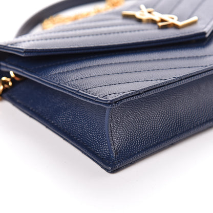 Saint Laurent Grain De Poudre Matelasse Chevron Monogram Envelope Chain Wallet Navy 7 of 10