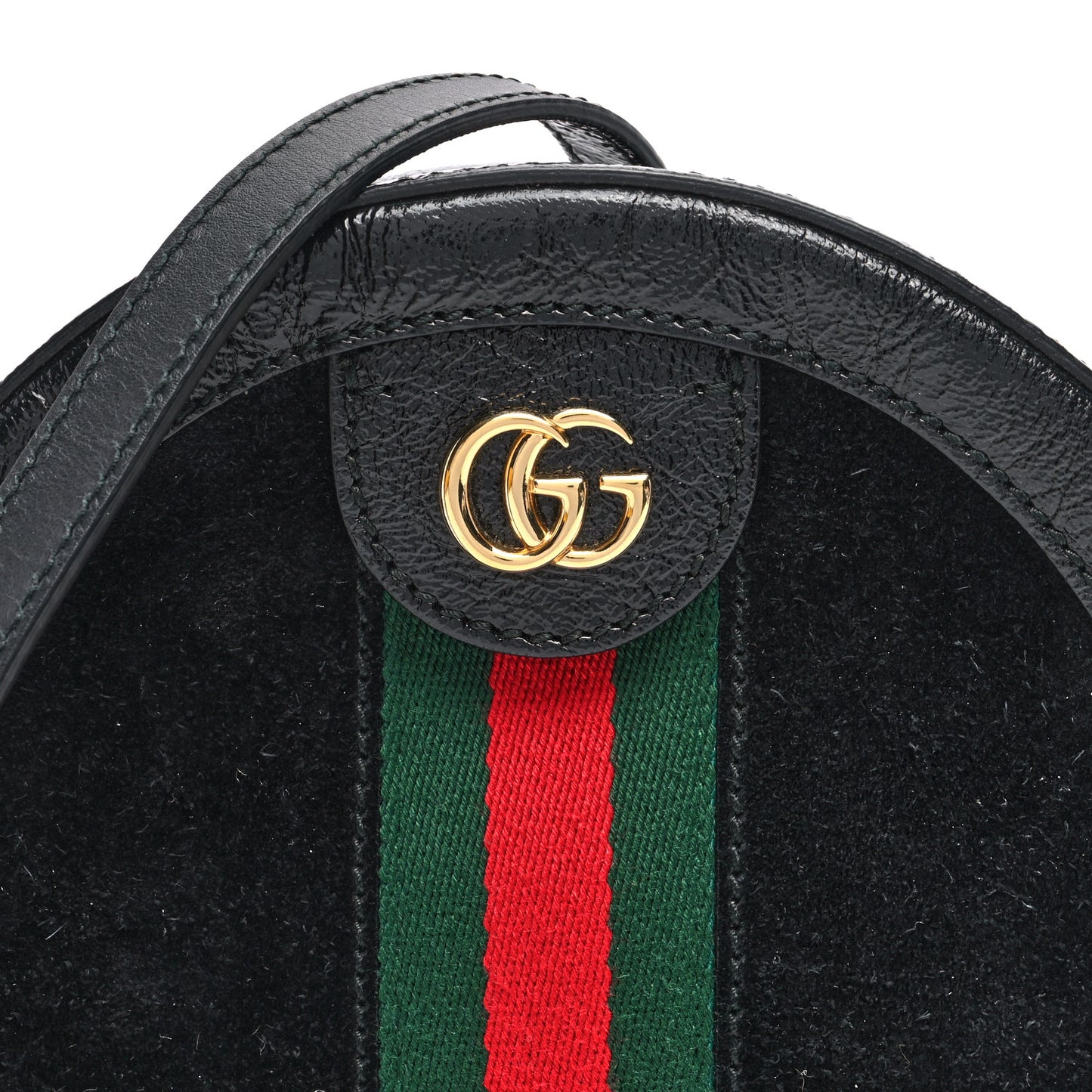 Suede Patent Web Mini Ophidia Round Shoulder Bag Black