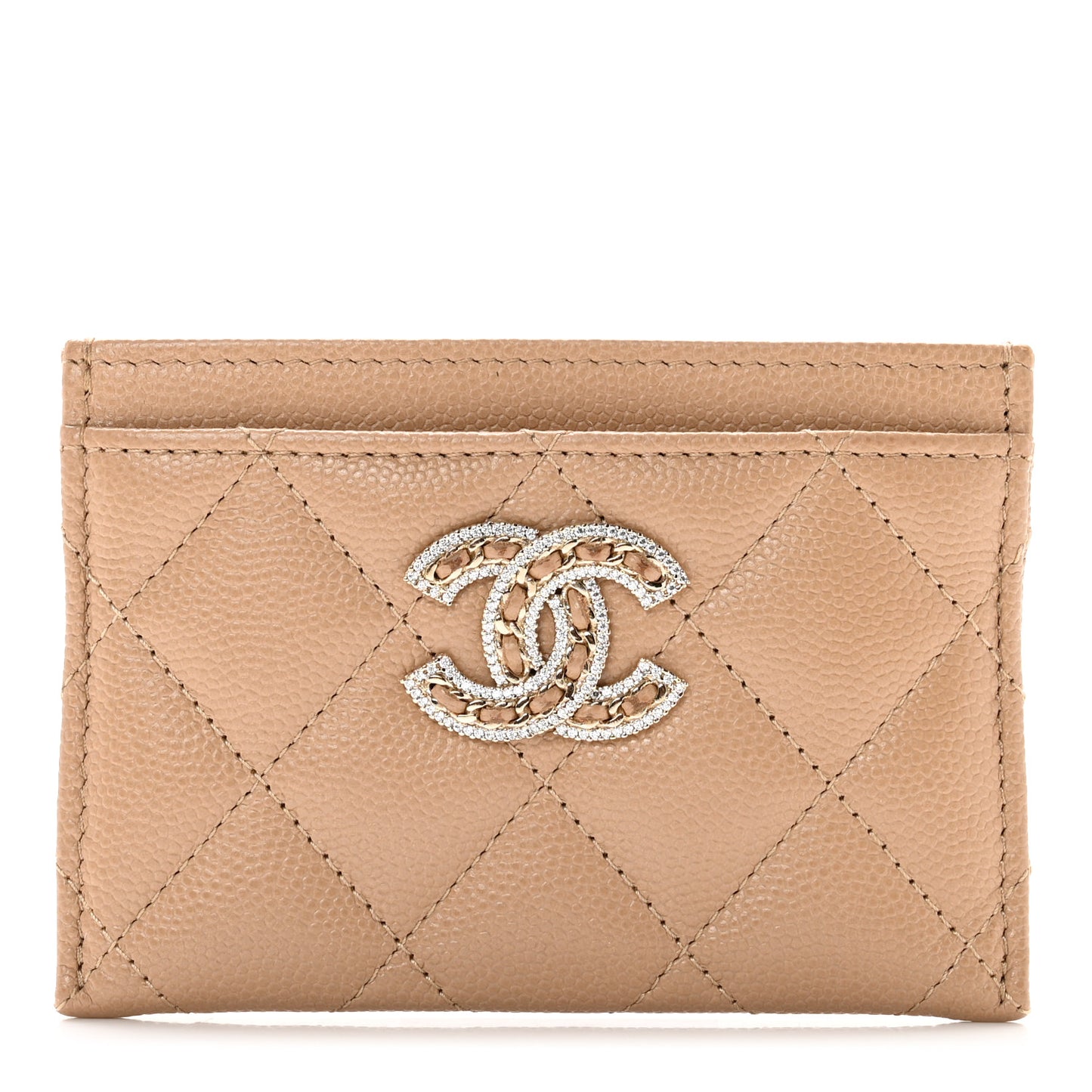 Caviar Quilted Crystal Card Holder Beige