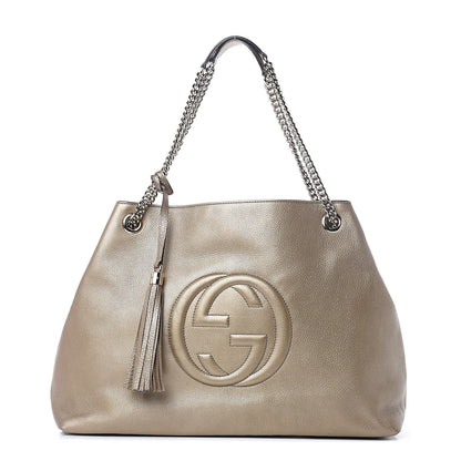 Gucci Metallic Pebbled Calfskin Large Soho Chain Shoulder Bag Golden Beige 1 of 11