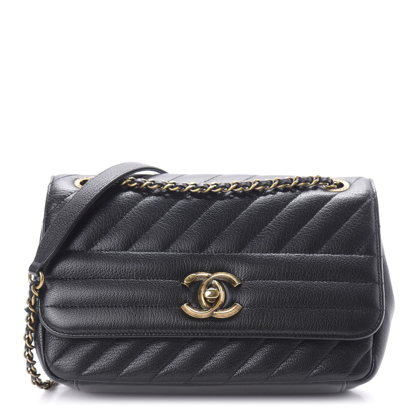 Goatskin Diagonal Quilted Small Flap Black