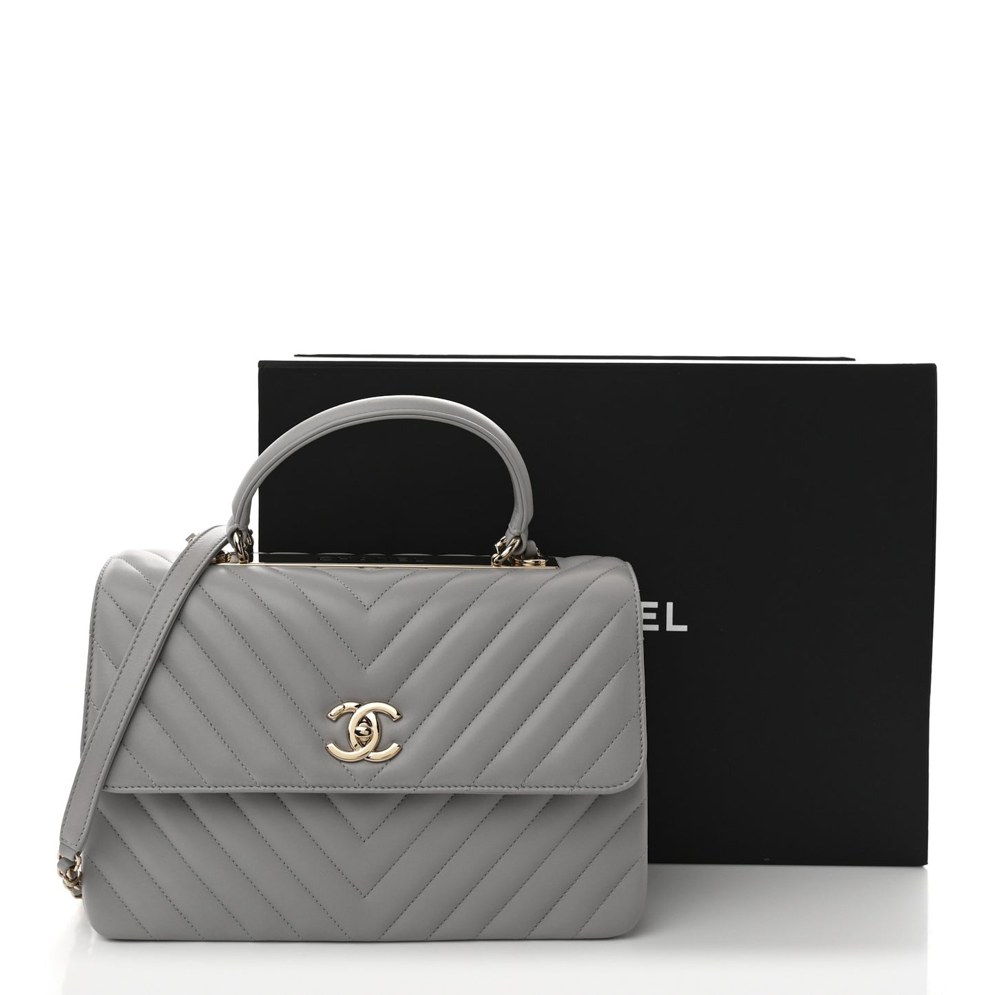 Lambskin Chevron Quilted Medium Trendy CC Dual Handle Flap Bag Grey
