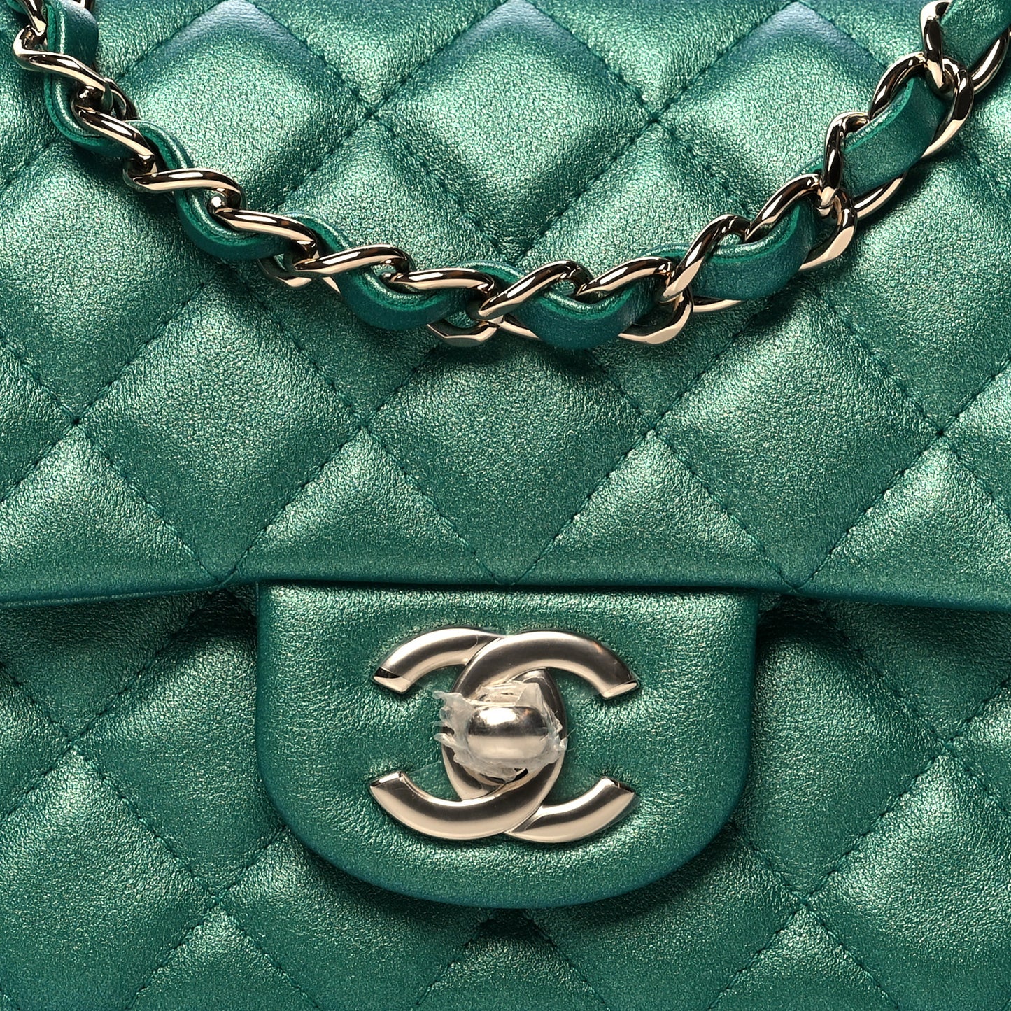 Iridescent Calfskin Quilted Mini Rectangular Flap Green