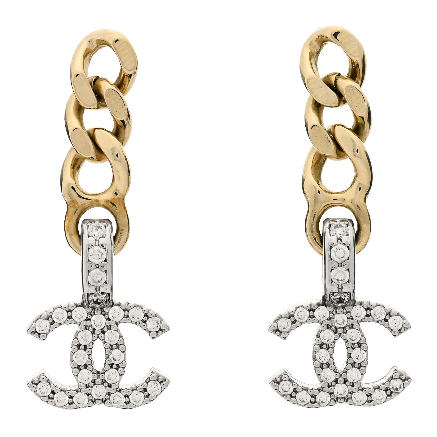 Chanel Metal Crystal CC Chain Drop Earrings Gold 1 of 3