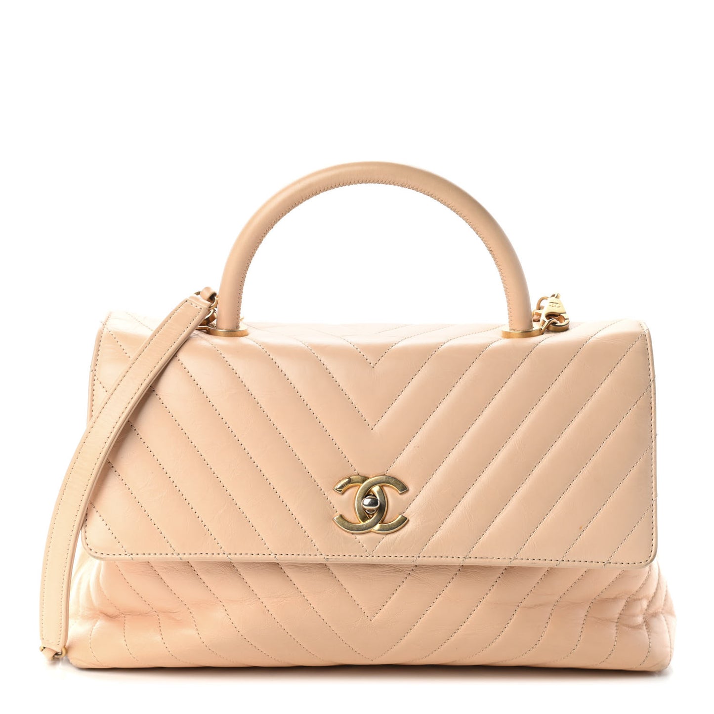 Calfskin Chevron Quilted Medium Coco Handle Flap Beige