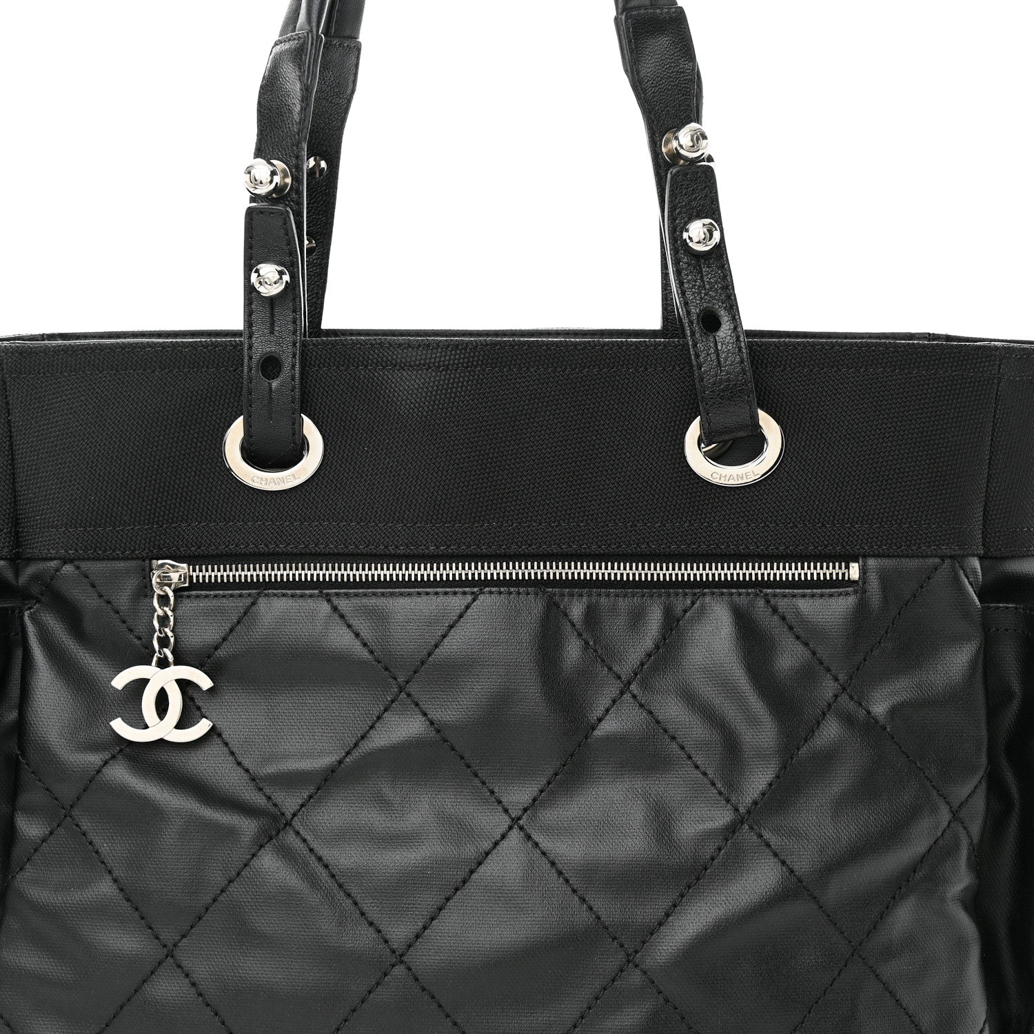 Chanel Coated Canvas Quilted Large Paris Biarritz Tote Black 8 of 10