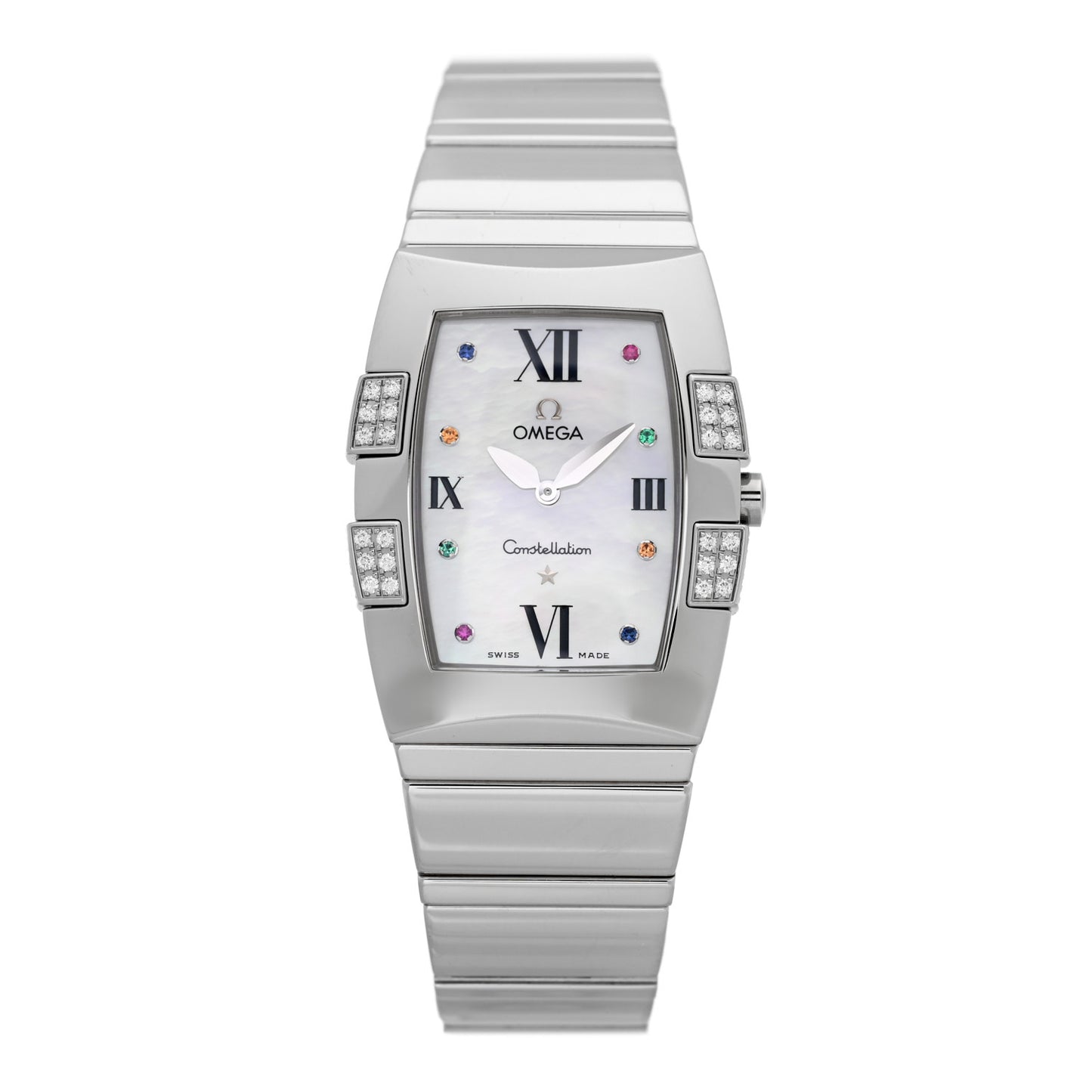 Stainless Steel Diamond Pink Mother of Pearl Multi Gemstone 26mm Constellation Quadrella Quartz Watch 895.1290