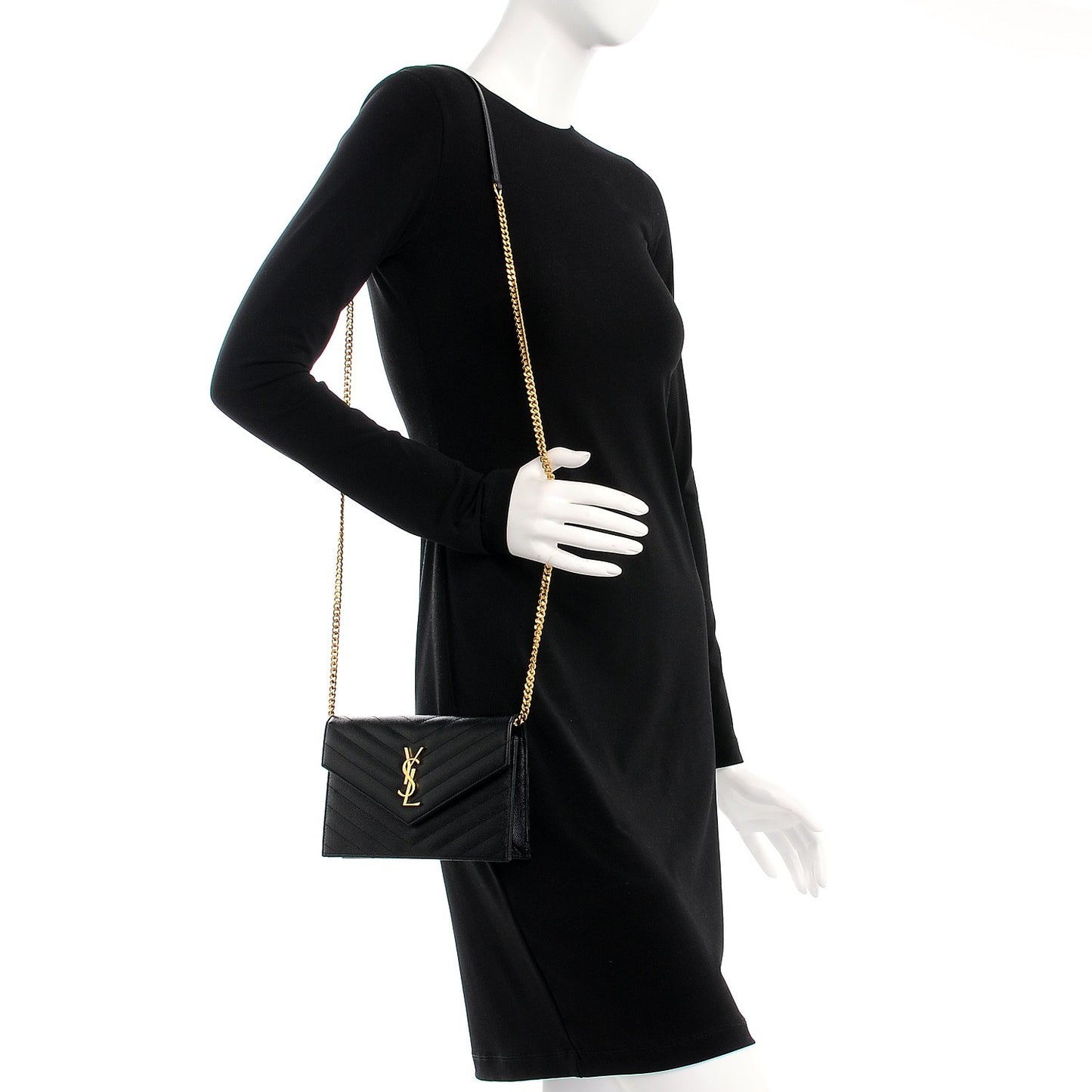 Grain De Poudre Matelasse Chevron Monogram Envelope Chain Wallet Black