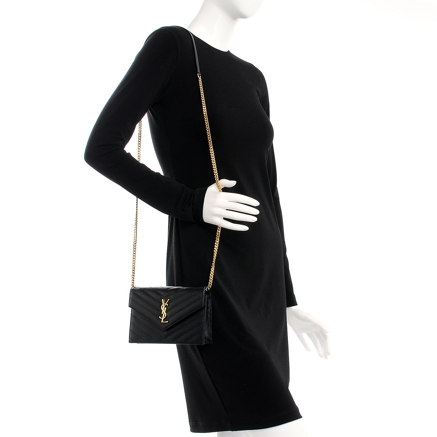 Saint Laurent Grain De Poudre Matelasse Chevron Monogram Envelope Chain Wallet Black 2 of 8