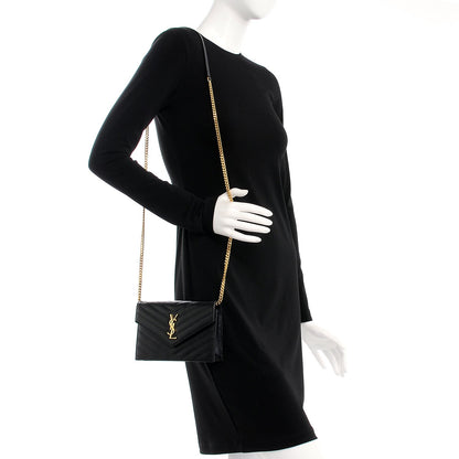 Saint Laurent Grain De Poudre Matelasse Chevron Monogram Envelope Chain Wallet Black 2 of 8