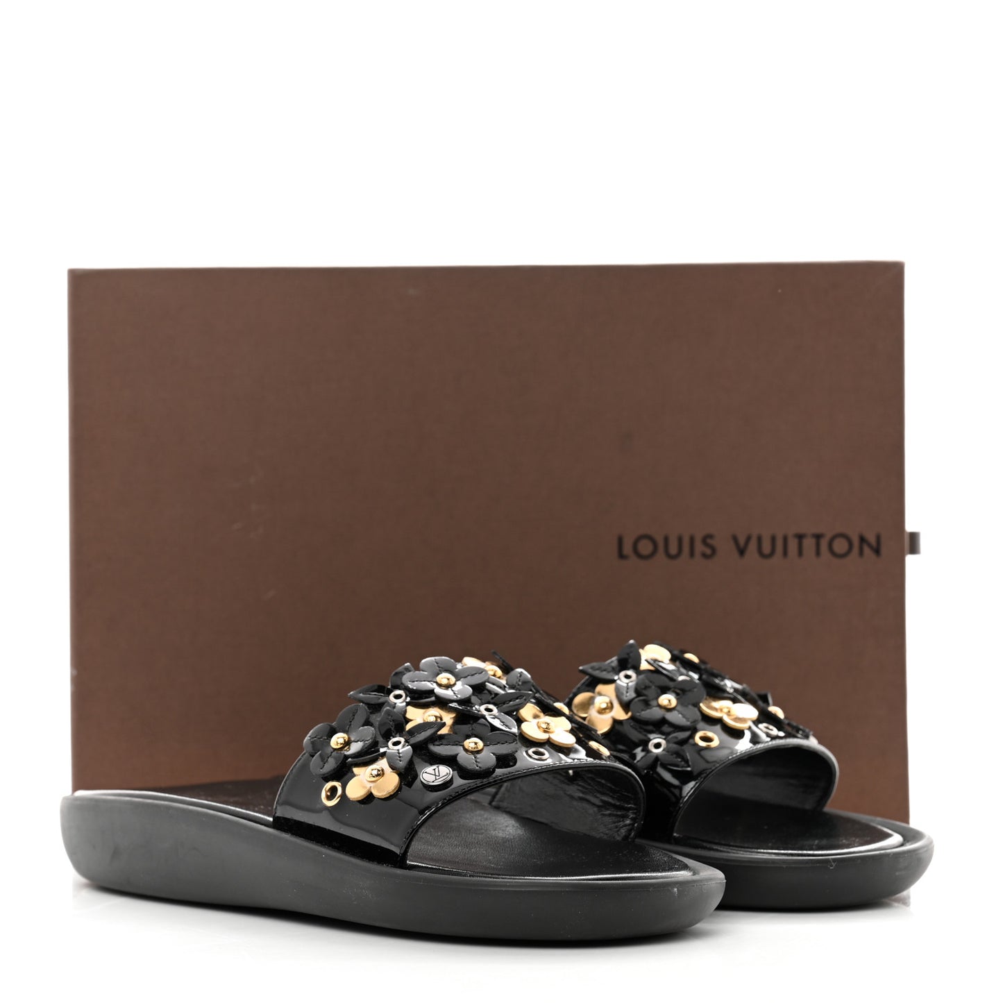 Patent Sunbath Flower Slide Sandals 37 Black Gold