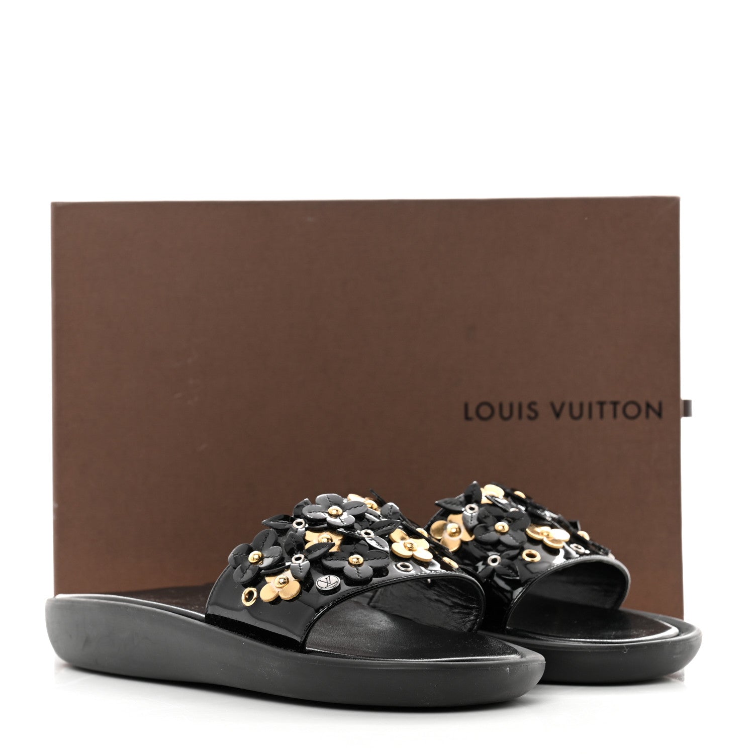 Louis Vuitton Patent Sunbath Flower Slide Sandals 37 Black Gold 10 of 10