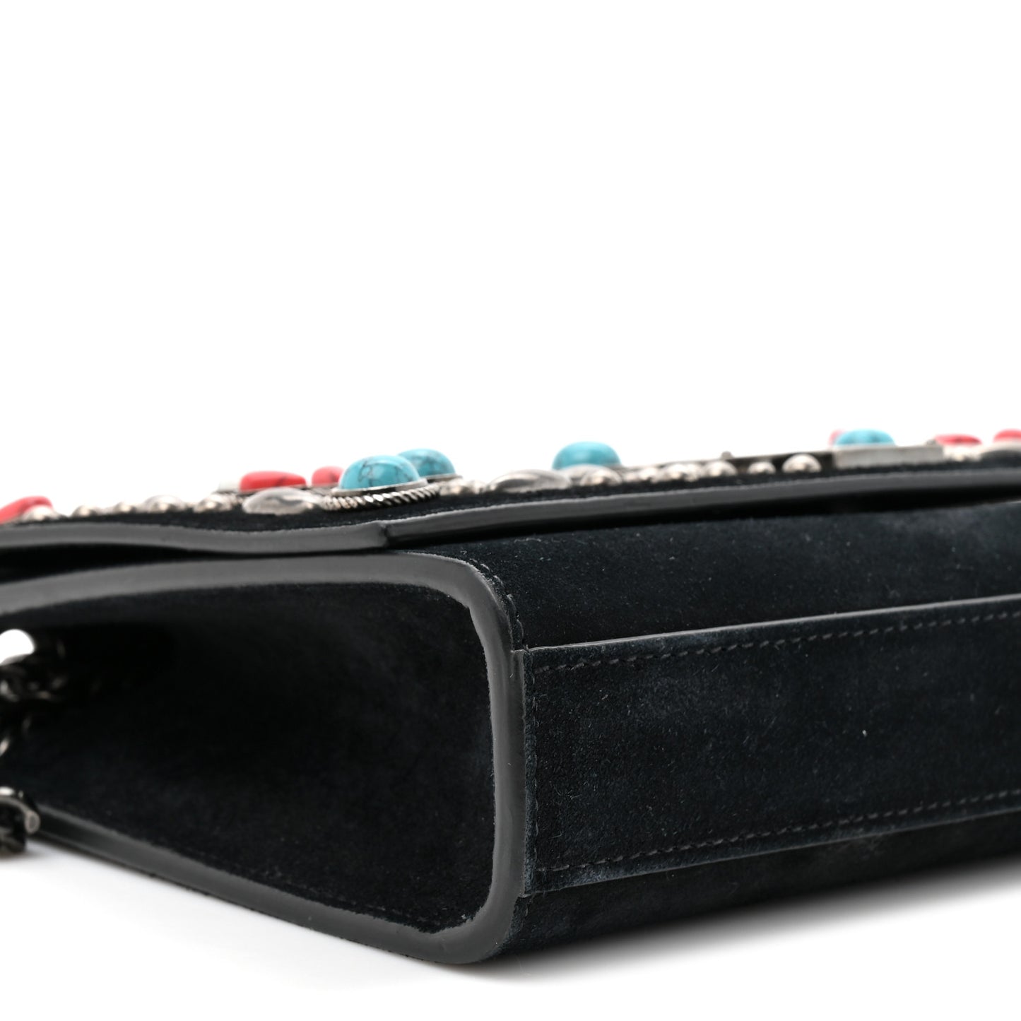 Suede Small Monogram Stone Studded Kate Satchel Black Turquoise Coral