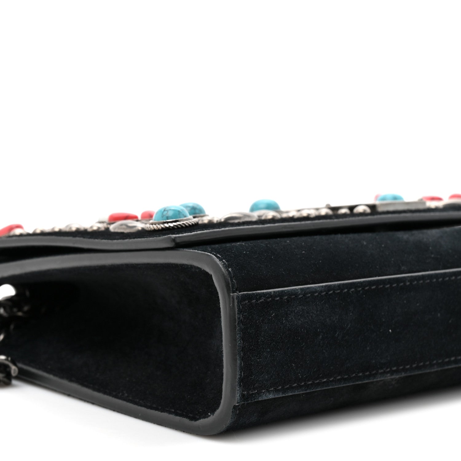 Saint Laurent Suede Small Monogram Stone Studded Kate Satchel Black Turquoise Coral 10 of 13