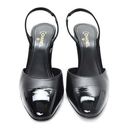 Chanel Lambskin Patent Cap Toe CC Apple Slingback Pumps 38.5 Black 3 of 10