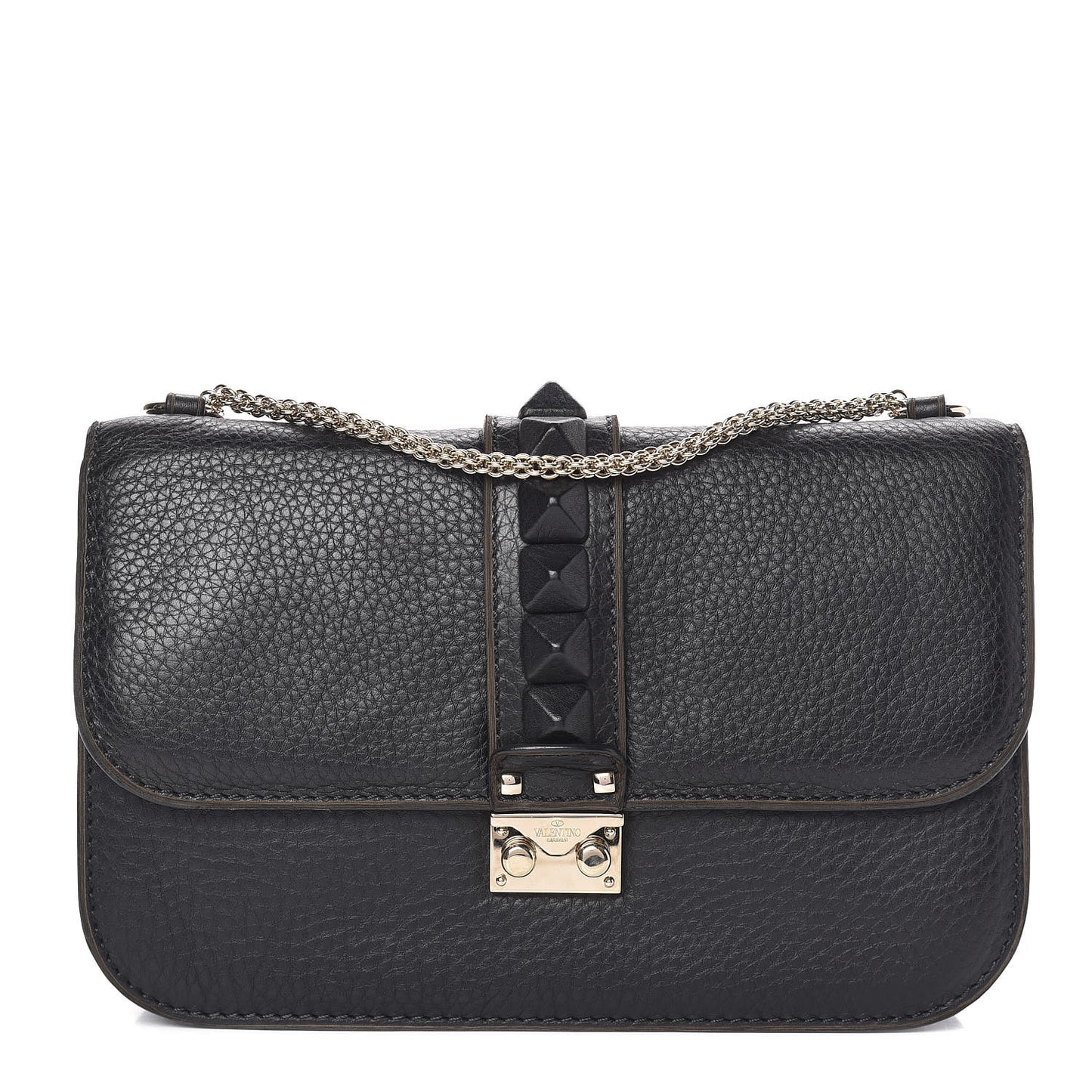 Pebbled Calfskin Medium Glam Lock Rockstud Flap Black