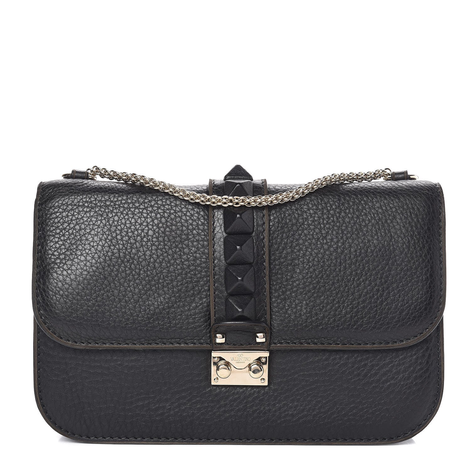 Valentino Garavani Pebbled Calfskin Medium Glam Lock Rockstud Flap Black 1 of 17