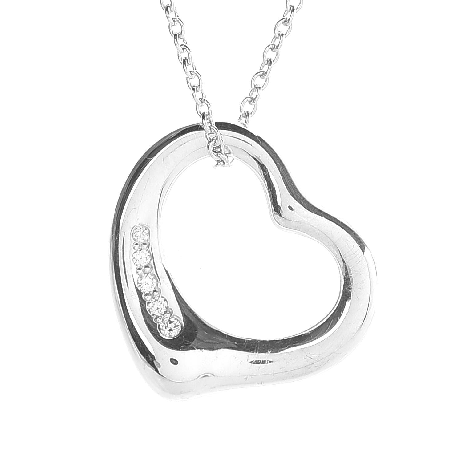Tiffany Sterling Silver Diamond 16mm Elsa Peretti Open Heart Pendant Necklace 5 of 9