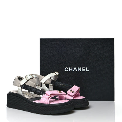 Chanel Lambskin Quilted CC Logo Platform Sandals 38 Black White Pink 9 of 9