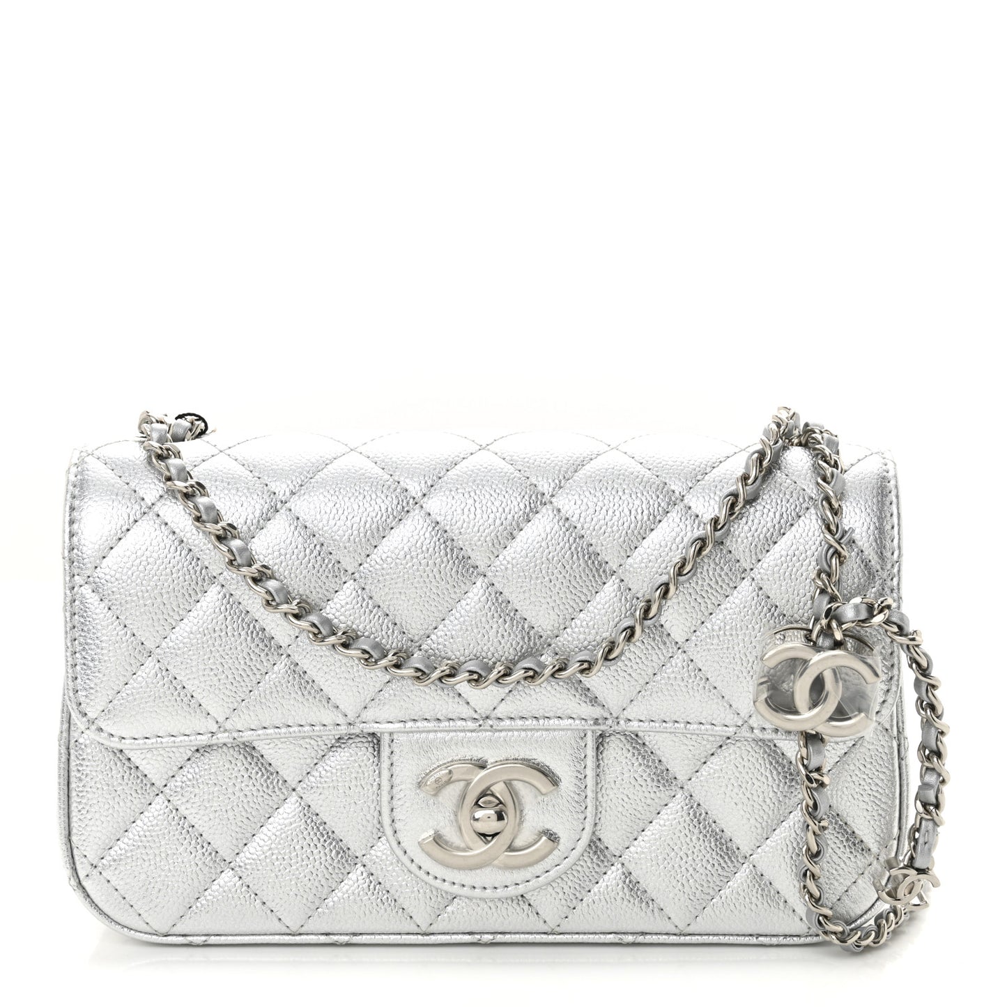 Metallic Caviar Quilted Mini Rectangular CC Slide Flap Silver