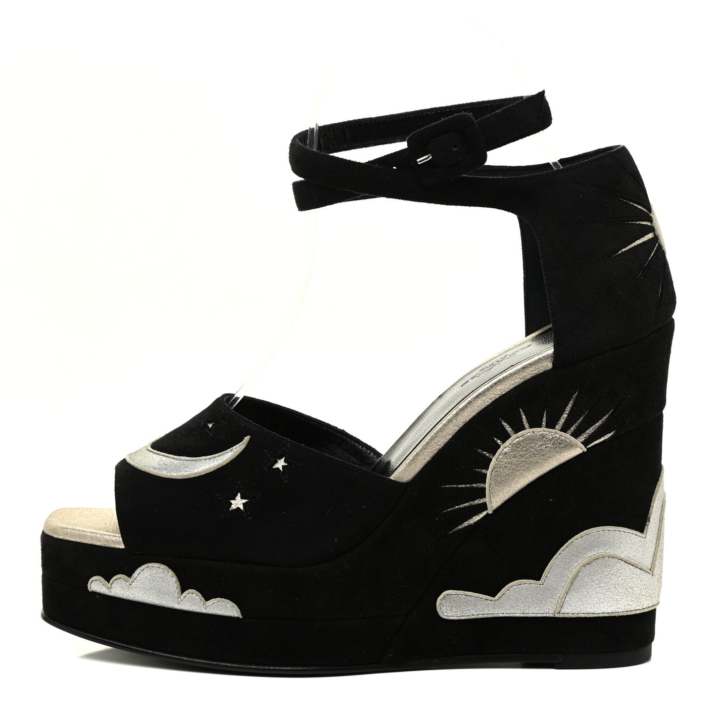 Suede Goatskin Tournis Wedge Sandals 38 Black