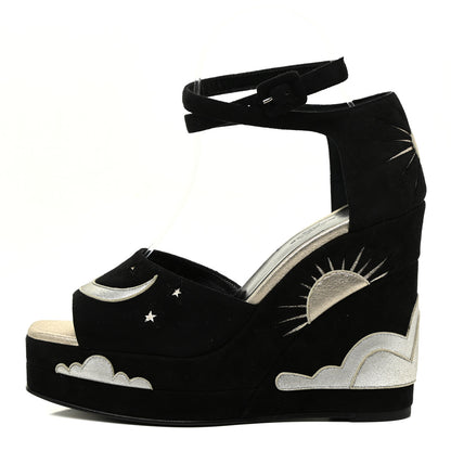 Hermes Suede Goatskin Tournis Wedge Sandals 38 Black 1 of 11
