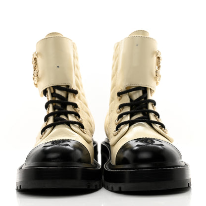 Chanel Shiny Calfskin Quilted Lace Up Combat Boots 35 Ivory Black 2 of 12