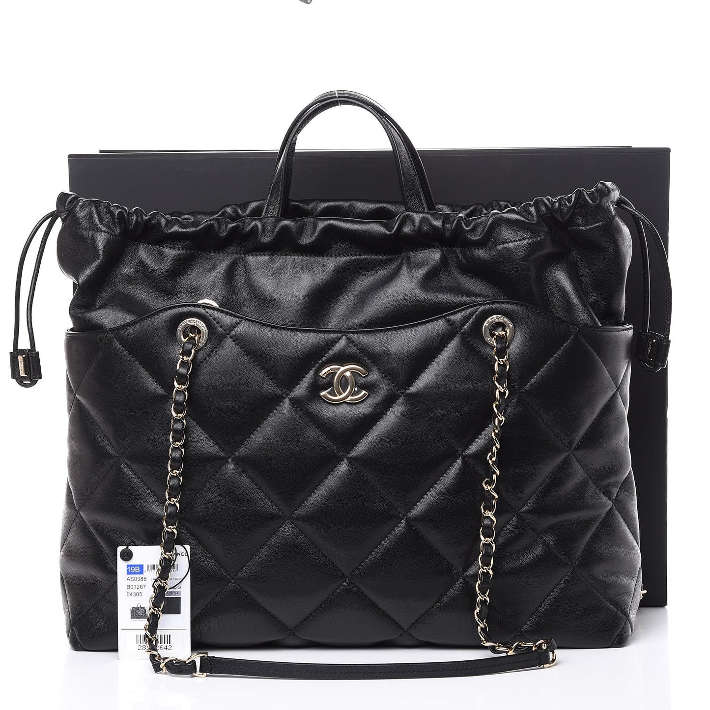 Lambskin Quilted Drawstring Shopping Bag Black