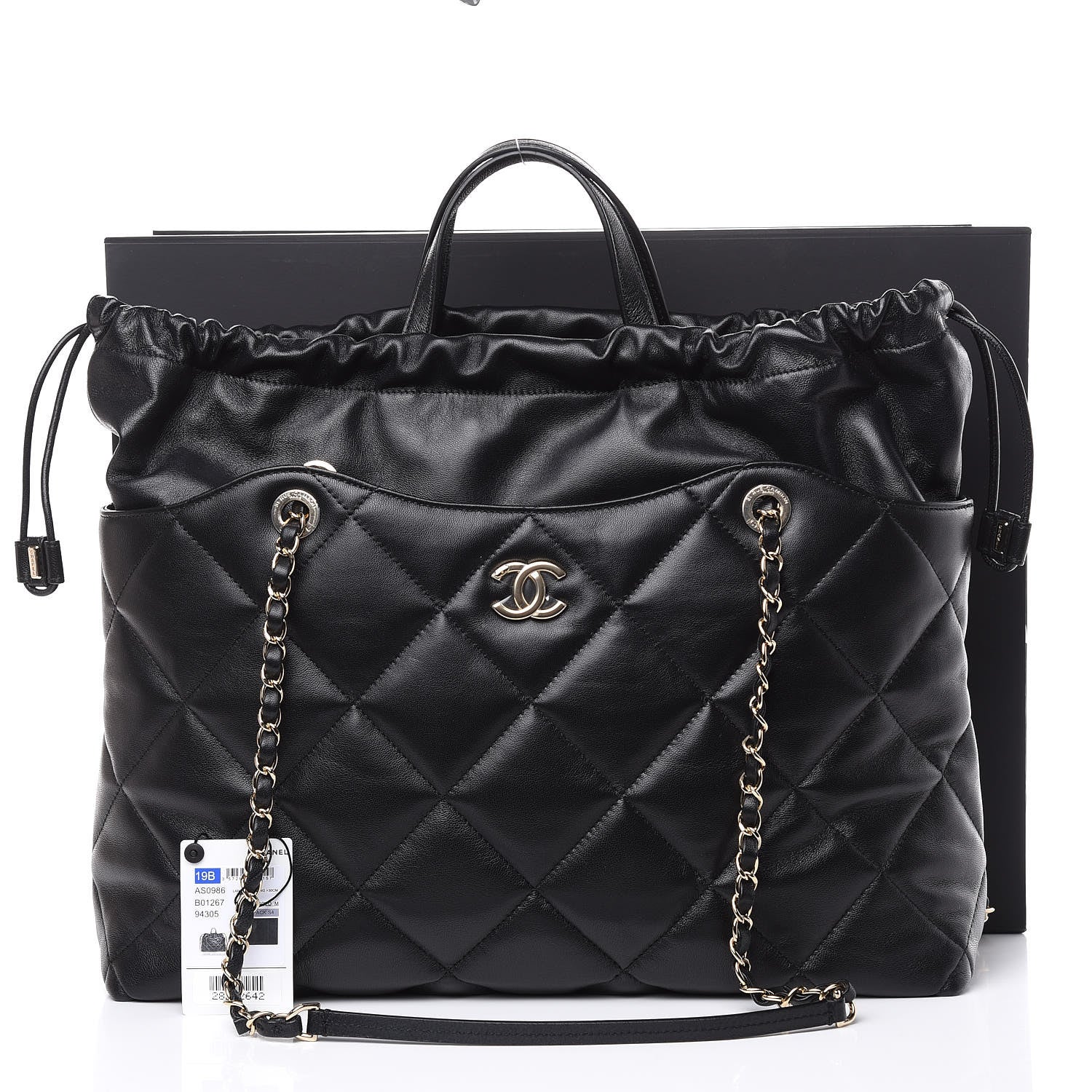 Chanel Lambskin Quilted Drawstring Shopping Bag Black 12 of 12
