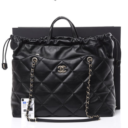 Chanel Lambskin Quilted Drawstring Shopping Bag Black 12 of 12