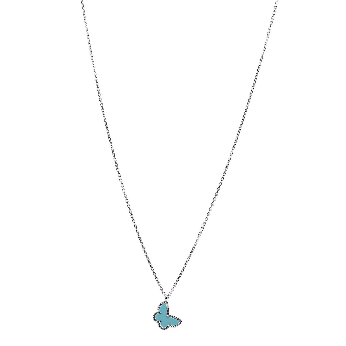 18K White Gold Turquoise Sweet Alhambra Butterfly Pendant Necklace