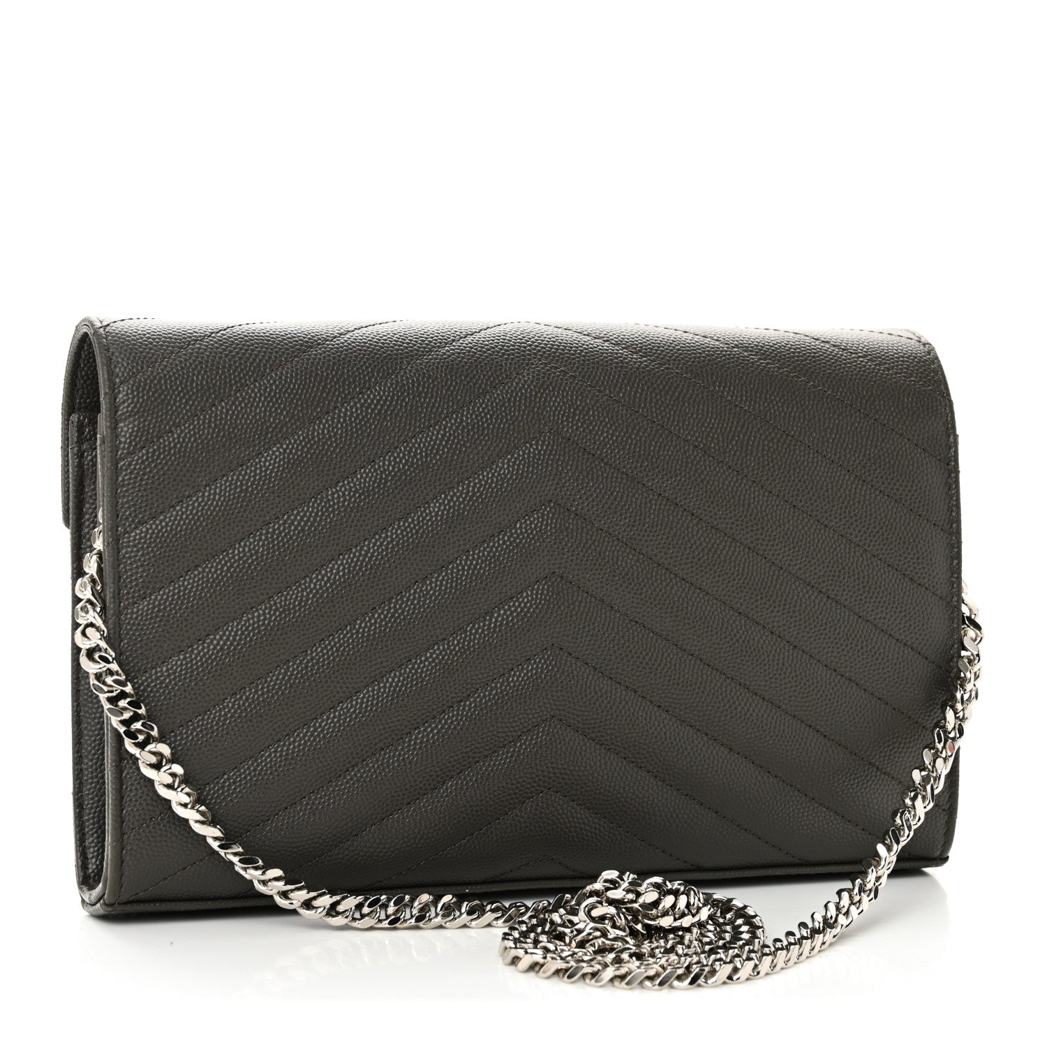 Saint Laurent Grain De Poudre Matelasse Chevron Monogram Chain Wallet Fog 3 of 10