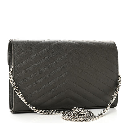 Saint Laurent Grain De Poudre Matelasse Chevron Monogram Chain Wallet Fog 3 of 10