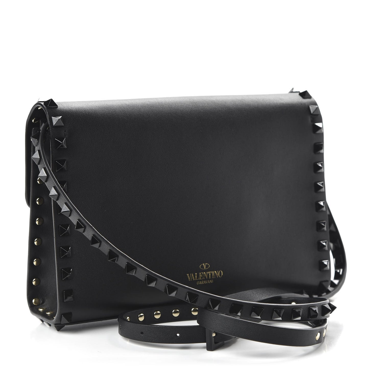 Vitello Monochrome Medium Rockstud Flip Lock Crossbody Bag Black