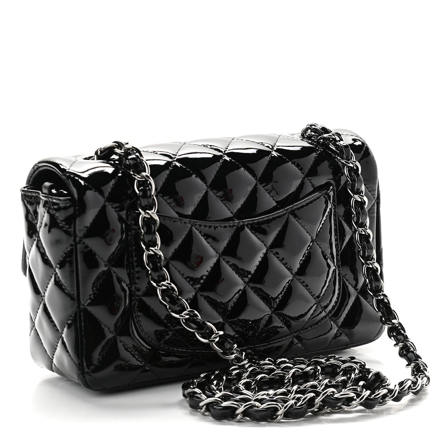 Patent Calfskin Quilted Mini Rectangular Flap Black