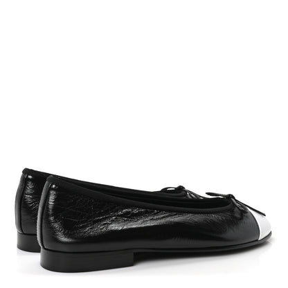 Chanel Crumpled Shiny Lambskin CC Cap Toe Ballerina Flats 37 Black White 5 of 10