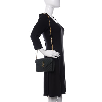 Saint Laurent Grain De Poudre Matelasse Chevron Monogram Chain Wallet Dark Green 2 of 11